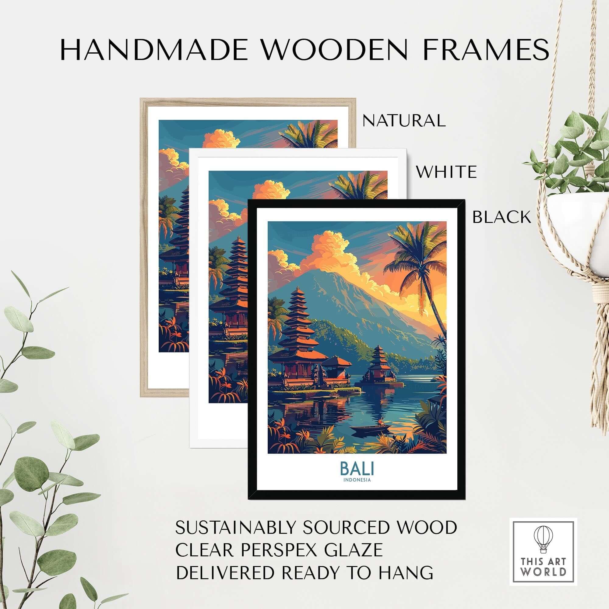Bali Sunset Wall Art Print in handmade wooden frames, available in natural, white, and black options.