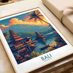 Bali Sunset Wall Art Print featuring vibrant colors and a serene view of Bali's landscape and iconic architecture.