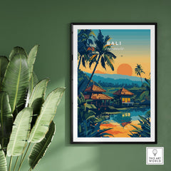 Bali Travel Print showcasing a tropical sunset over Balinese landscape with palm trees and serene water reflection.