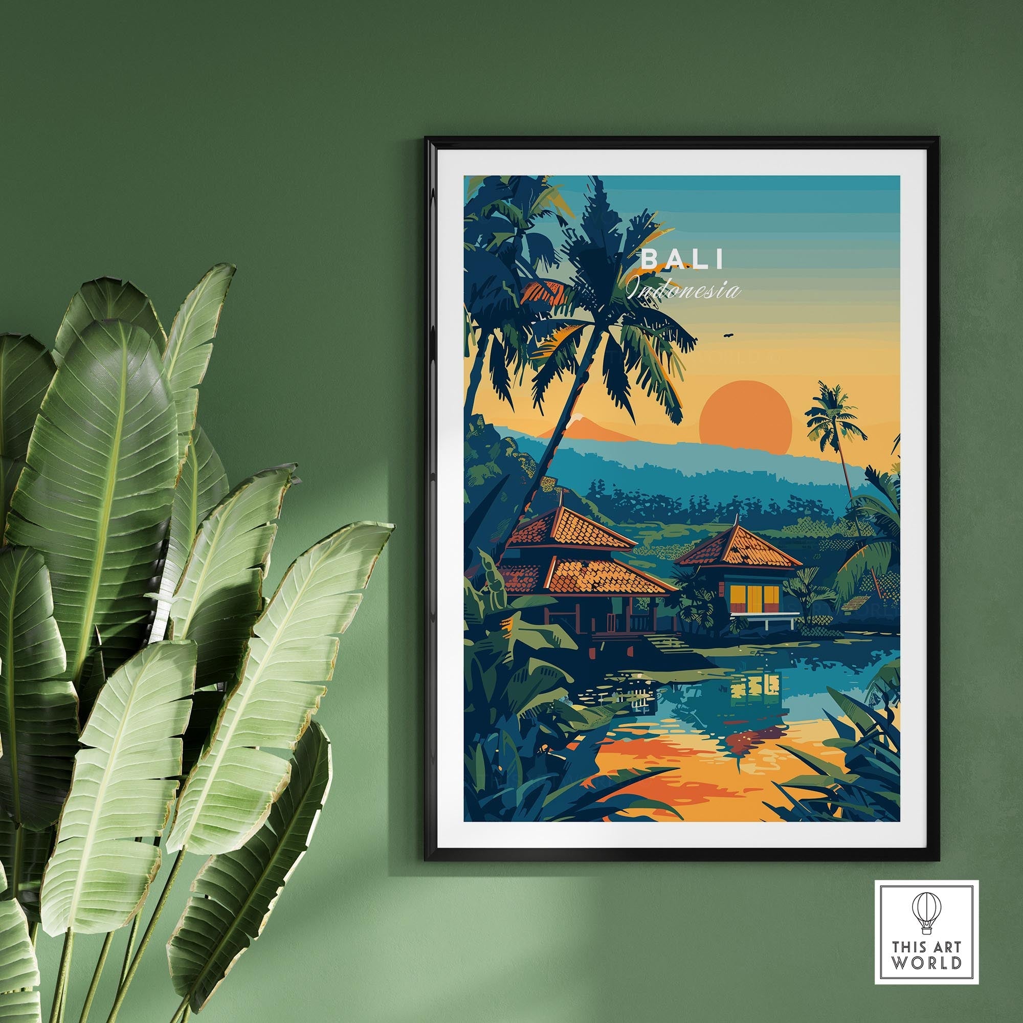 Bali Travel Print showcasing a tropical sunset over Balinese landscape with palm trees and serene water reflection.