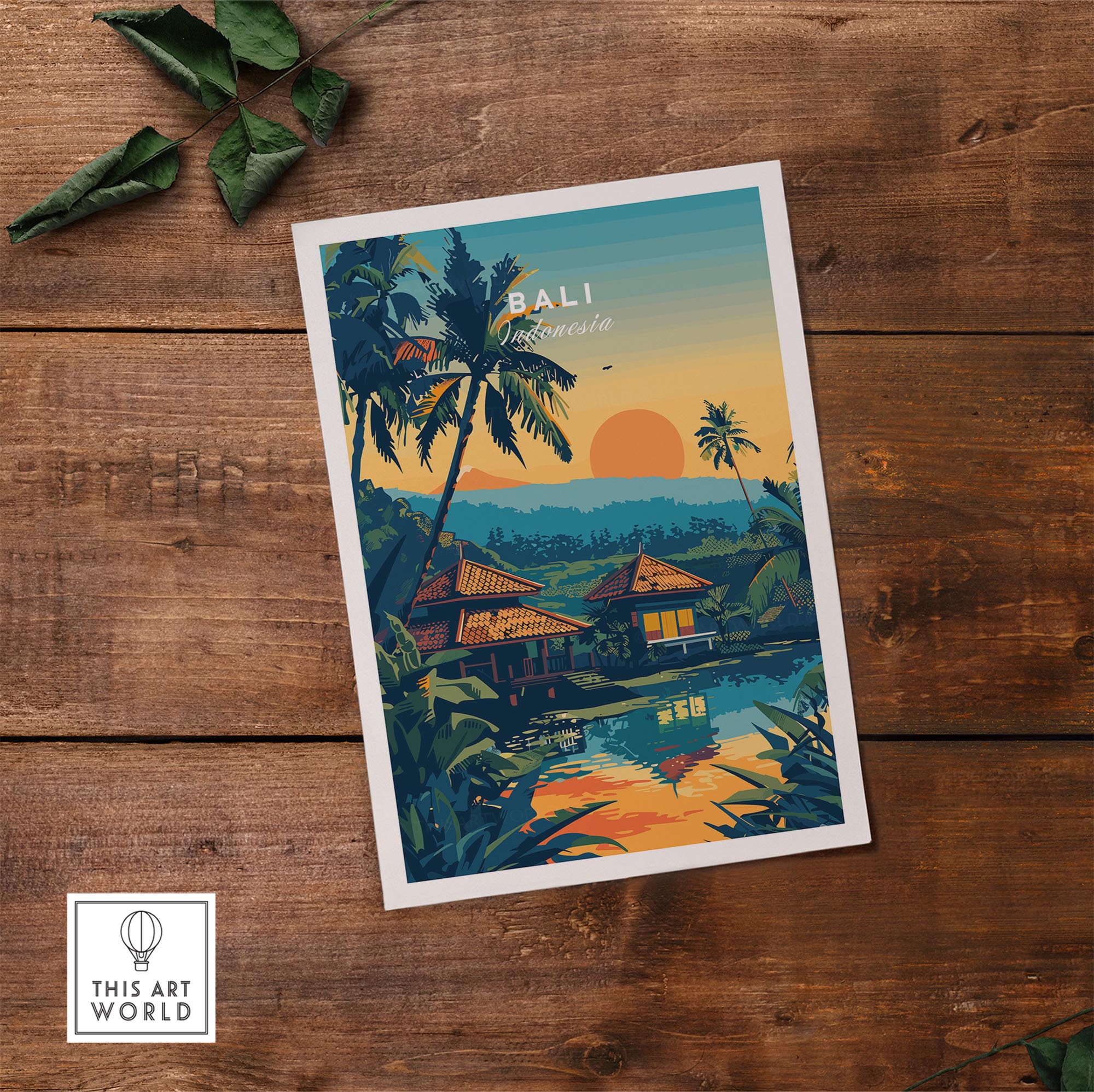 Bali Travel Print depicting a sunset view of traditional Balinese houses and lush landscape, perfect for home decor.