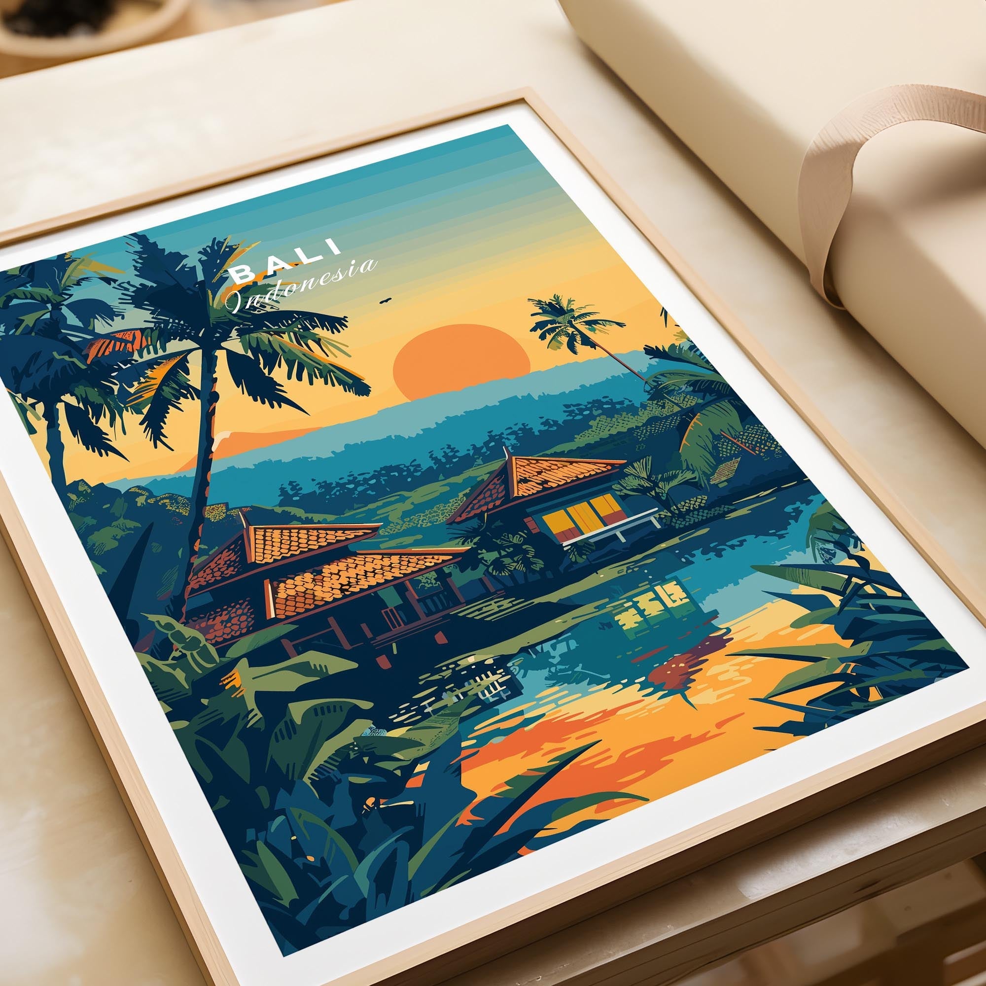 Bali Travel Print depicting a serene sunset over traditional Balinese houses and lush tropical vegetation.