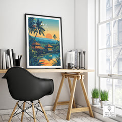 Bali Travel Print showcasing vibrant colors of Bali at sunset, perfect for transforming your space into a tropical paradise.