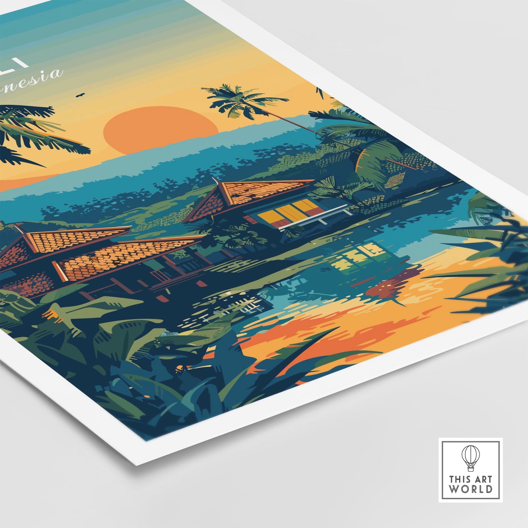 Bali Travel Print showcasing a vibrant sunset over traditional Indonesian houses and serene waters.