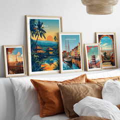 Bali Travel Print displayed among other vibrant travel prints on a stylish living room wall.