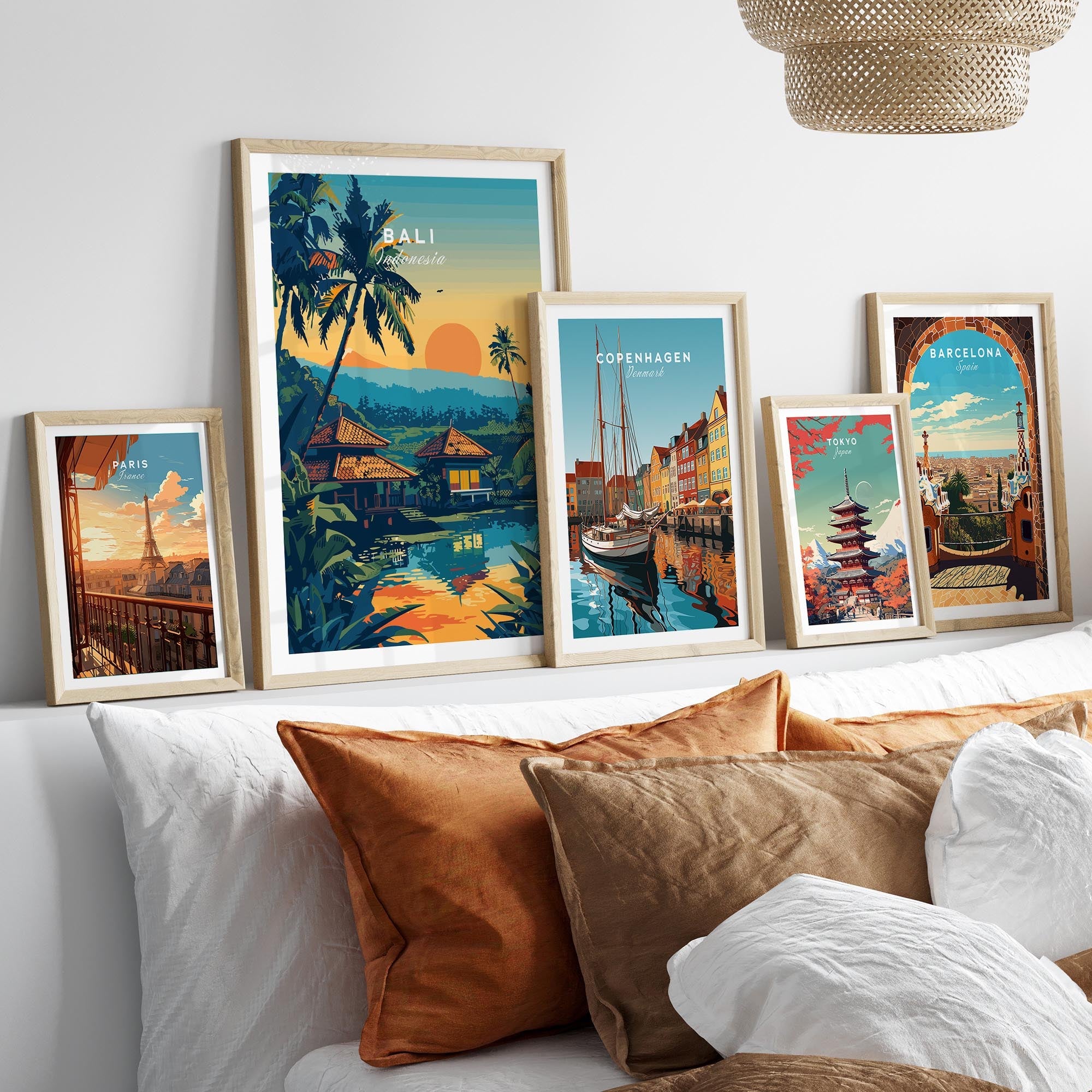 Bali Travel Print displayed among other vibrant travel prints on a stylish living room wall.