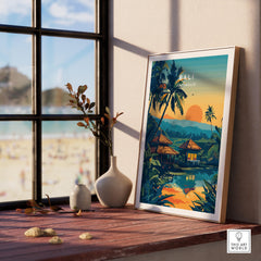 Bali Travel Print featuring vibrant sunset over houses and palm trees, perfect for tropical home decor.