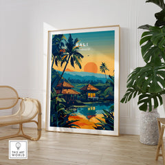 Bali Travel Print showcasing vibrant sunset over traditional Balinese houses and palm trees in a serene setting.