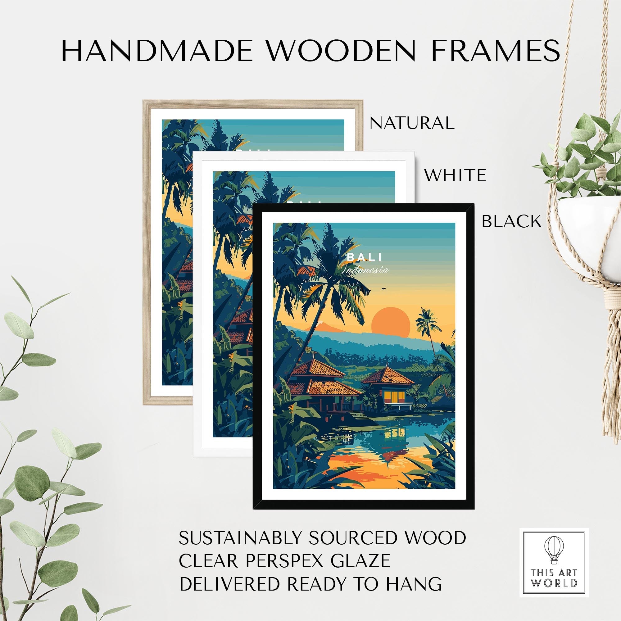 Bali Travel Print in handmade wooden frames, showcasing natural, white, and black options for home decor.
