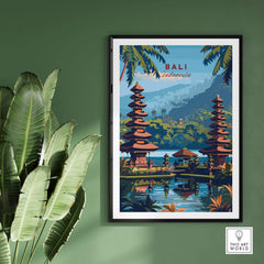 Bali Travel Print - Indonesia showcasing a vibrant landscape with traditional architecture and lush greenery.