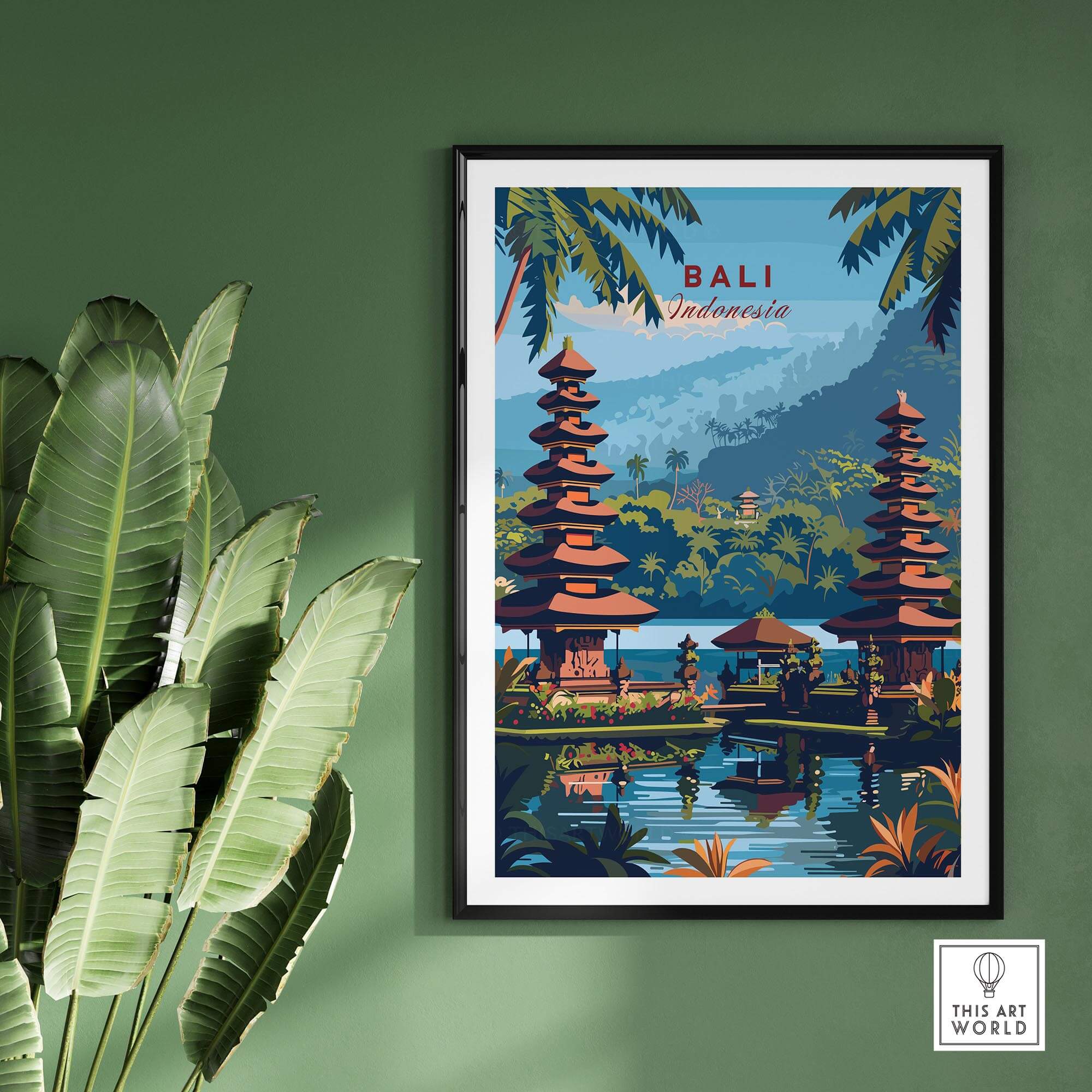 Bali Travel Print - Indonesia showcasing a vibrant landscape with traditional architecture and lush greenery.
