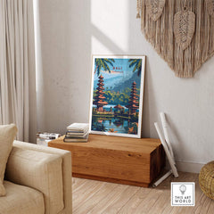 Bali Travel Print - Indonesia poster displayed in a stylish room with wooden furniture and decorative elements.