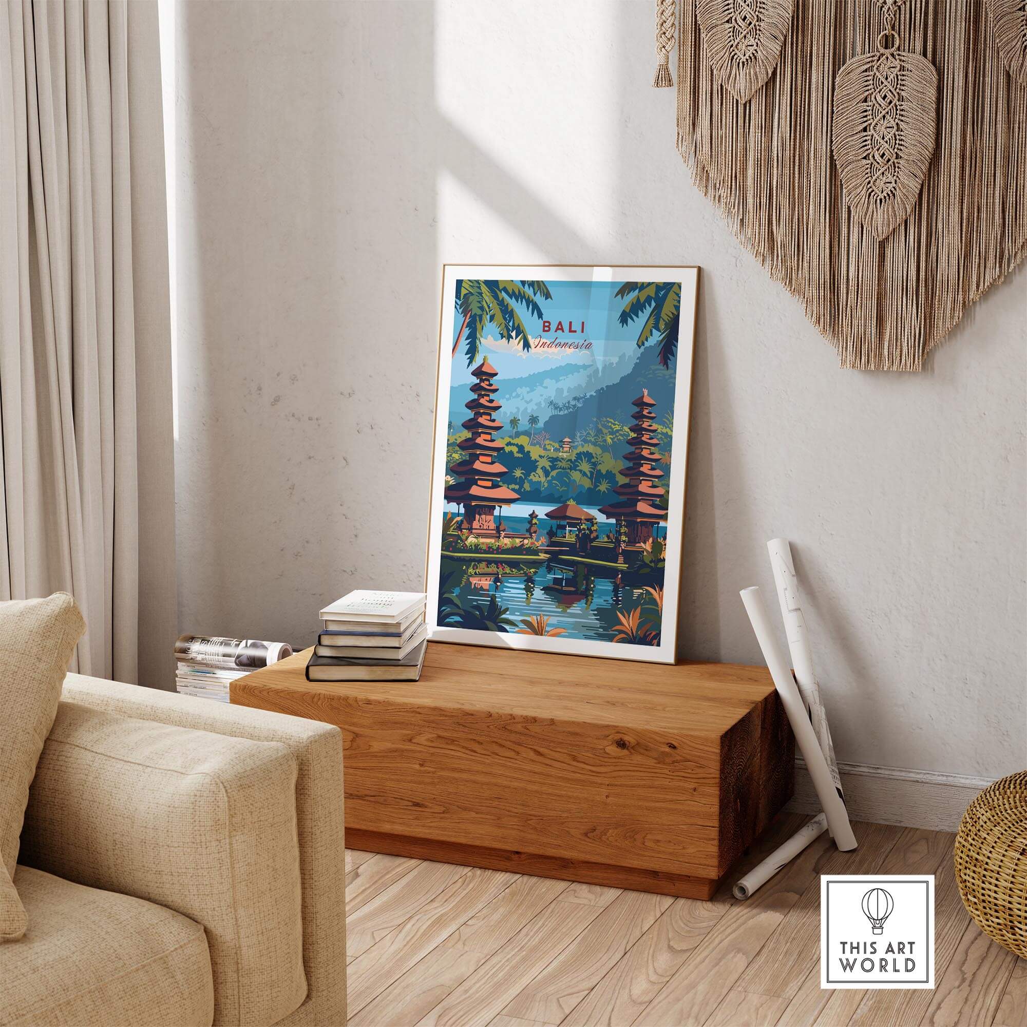 Bali Travel Print - Indonesia poster displayed in a stylish room with wooden furniture and decorative elements.