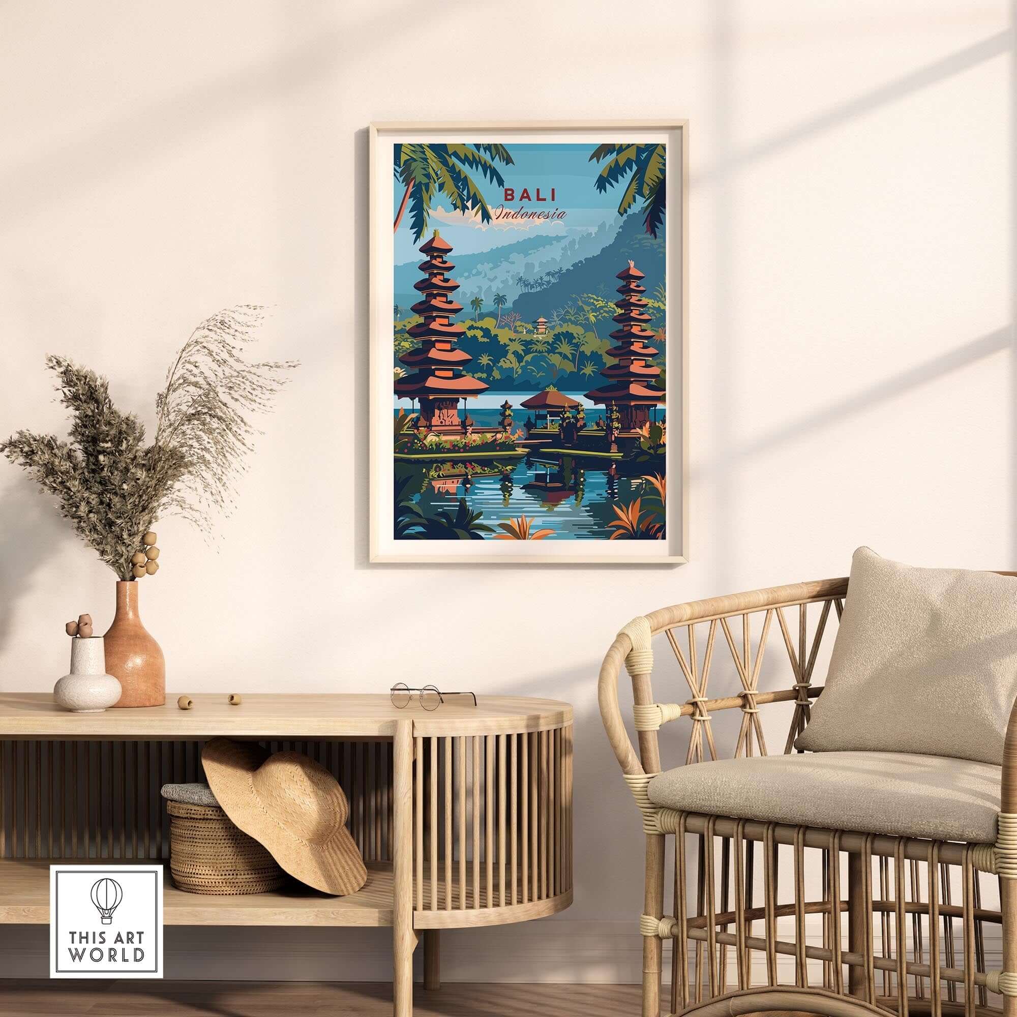 Bali Travel Print - Indonesia displayed in a stylish living room with natural decor and soft sunlight.