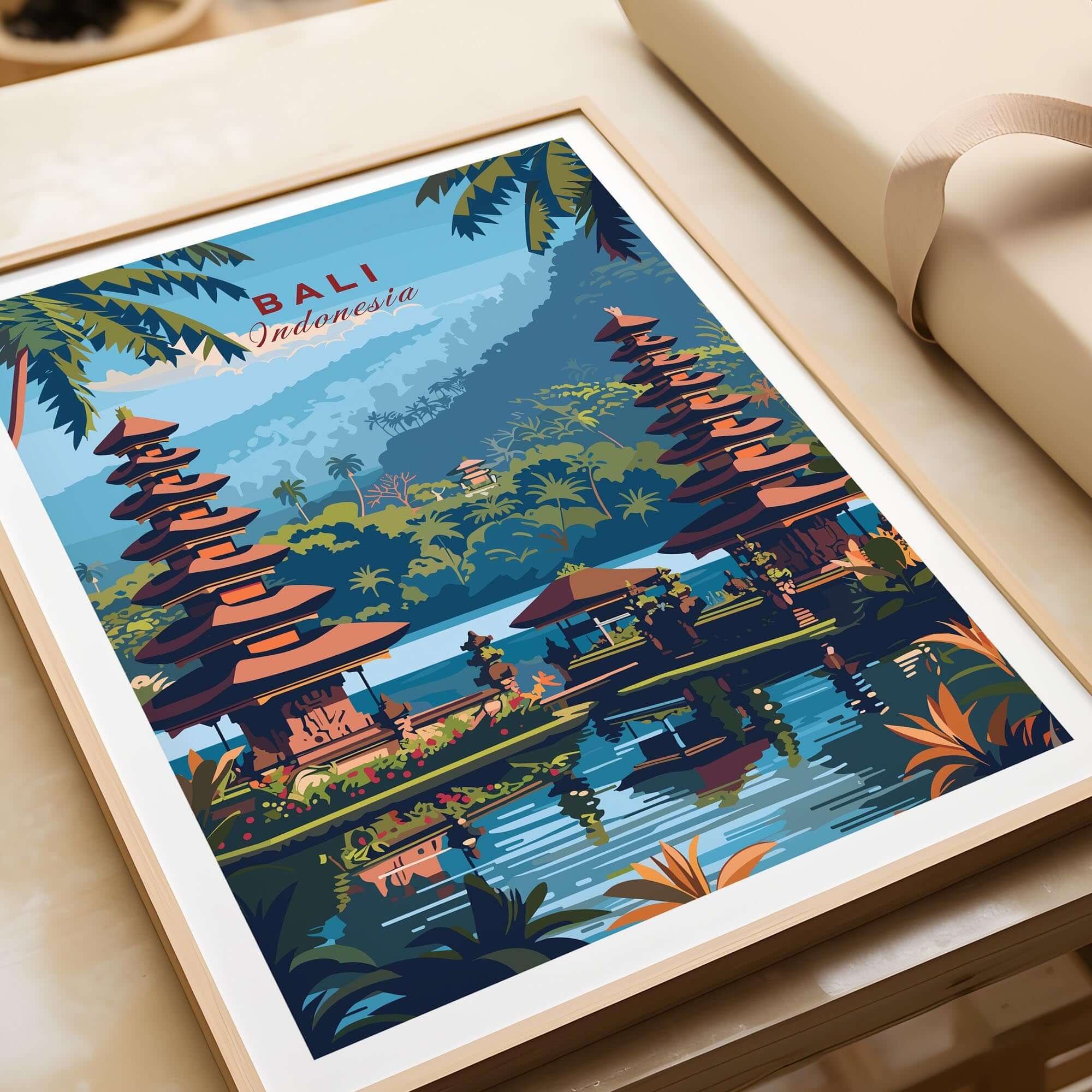 Bali Travel Print - Indonesia featuring a traditional Balinese landscape with temples and lush greenery.