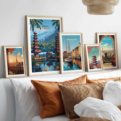 Bali Travel Print - Indonesia displayed among other travel posters on a stylish sofa.