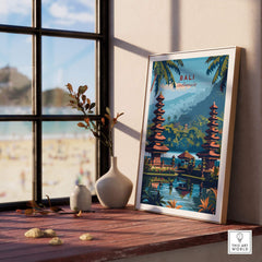 Bali Travel Print - Indonesia displayed in a cozy interior with a beach view, showcasing Bali's vibrant culture.