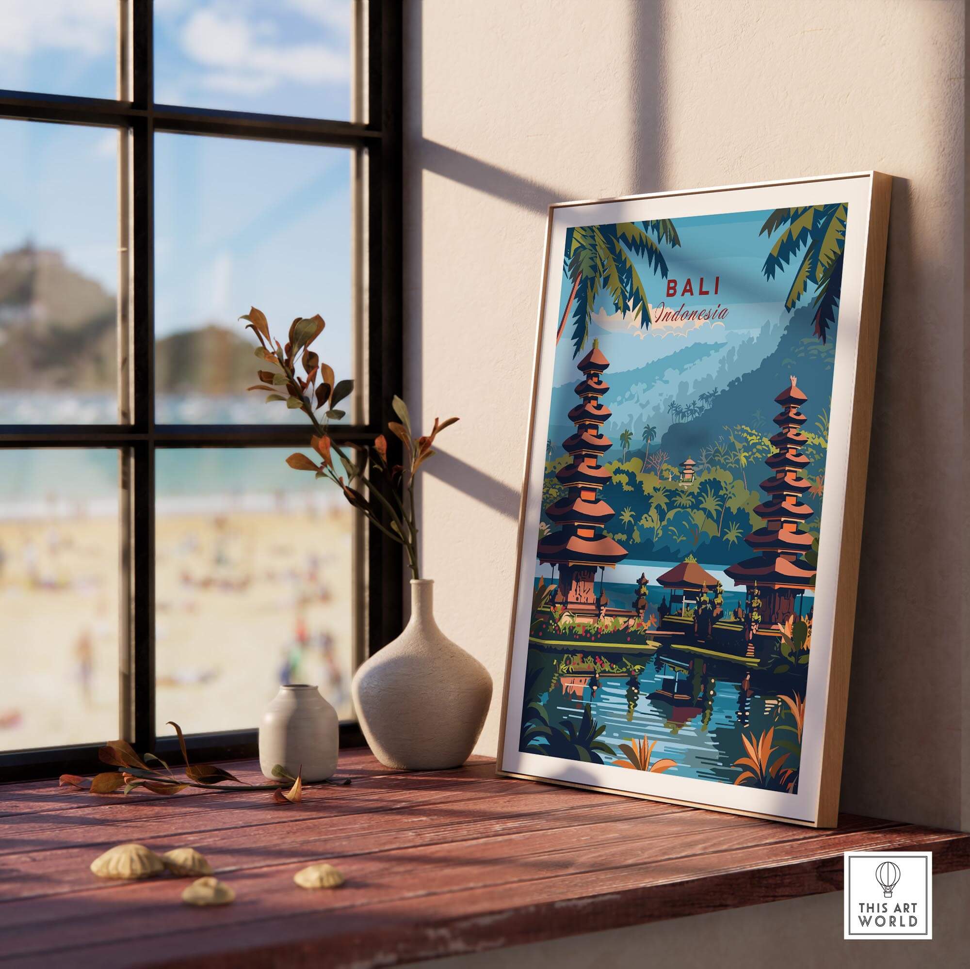 Bali Travel Print - Indonesia displayed in a cozy interior with a beach view, showcasing Bali's vibrant culture.