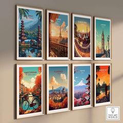Bali Travel Print - Indonesia and various city travel posters showcased in a stylish wall gallery.