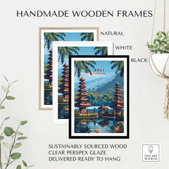 Bali Travel Print - Indonesia displayed in handmade wooden frames natural, white, and black with lush tropical background.