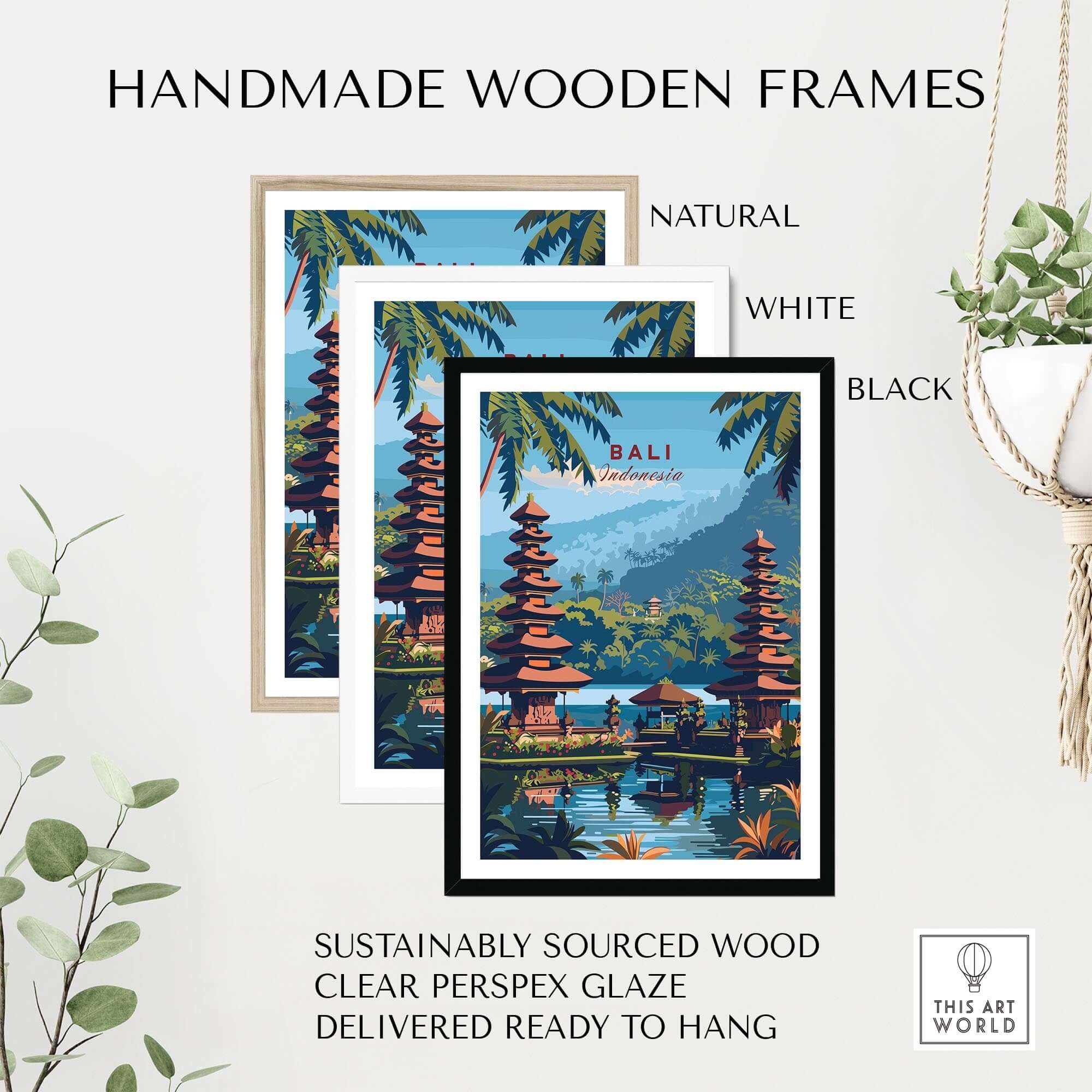 Bali Travel Print - Indonesia displayed in handmade wooden frames natural, white, and black with lush tropical background.