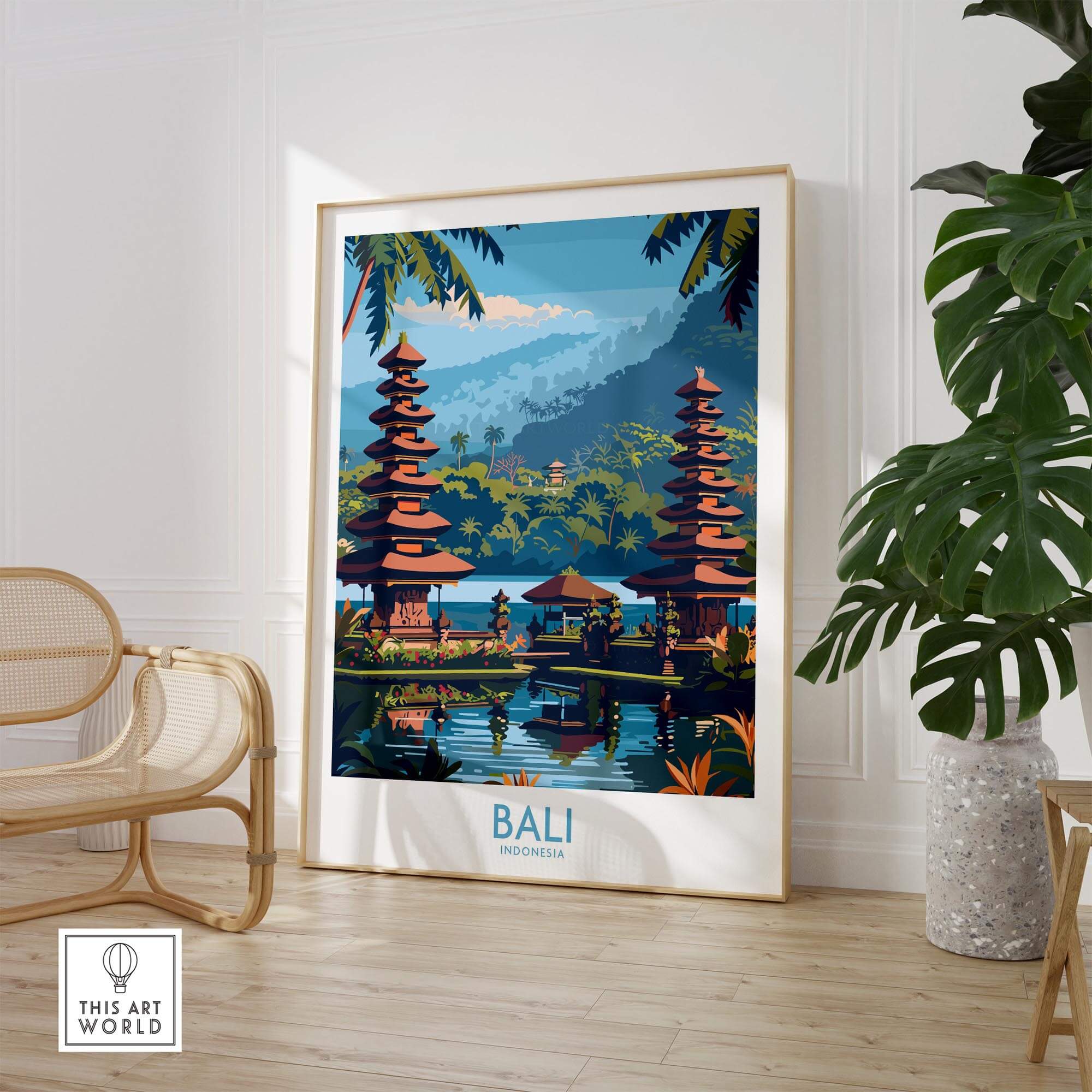 Bali Travel Print Indonesia - Modern displayed in a stylish living room with tropical design elements.