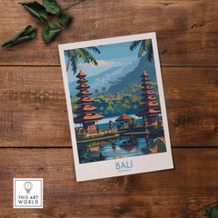 Bali Travel Print Indonesia - Modern showcasing a vibrant Balinese landscape with temples and lush greenery.