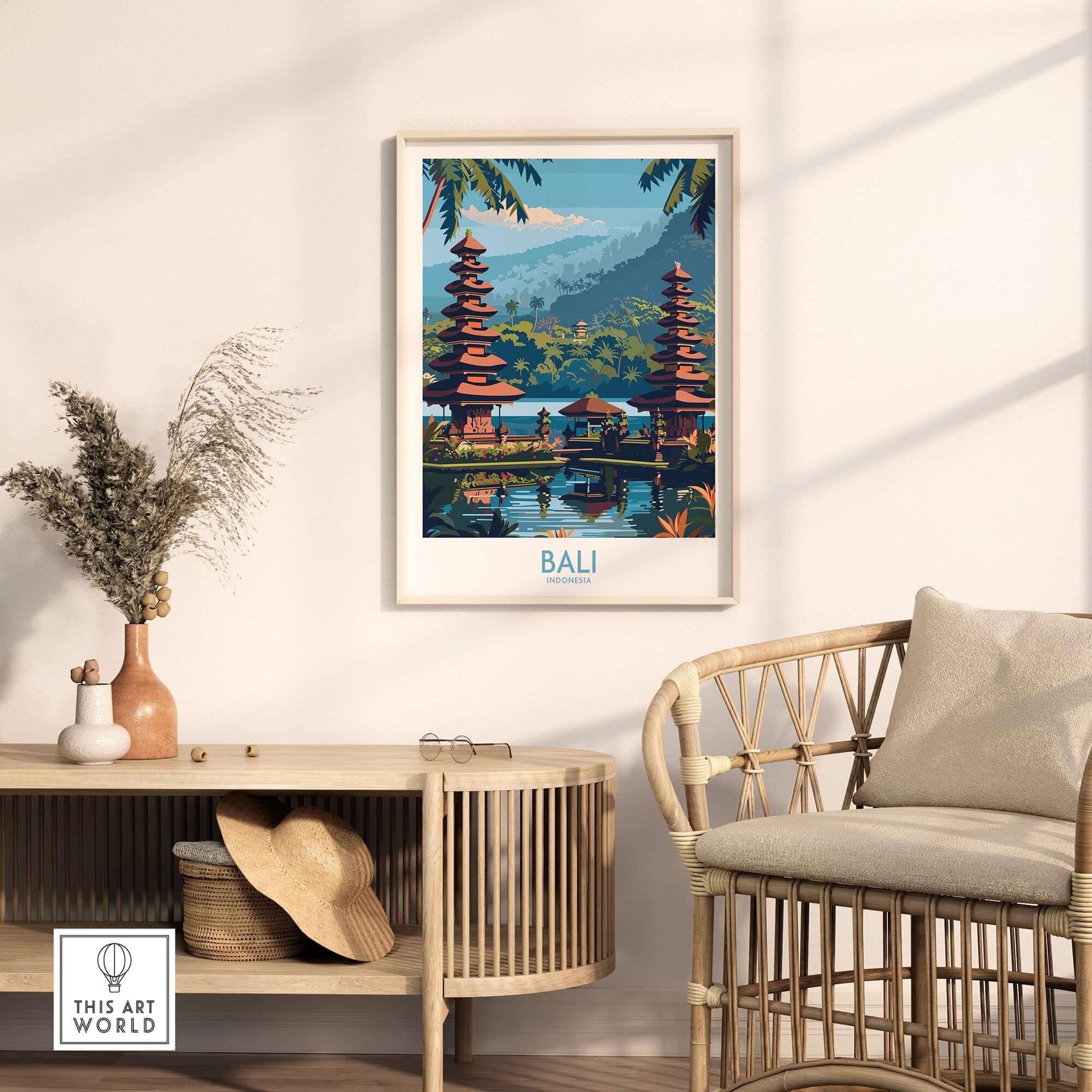 Bali Travel Print Indonesia - Modern displayed in a cozy living room setting with bamboo furniture and potted plants.