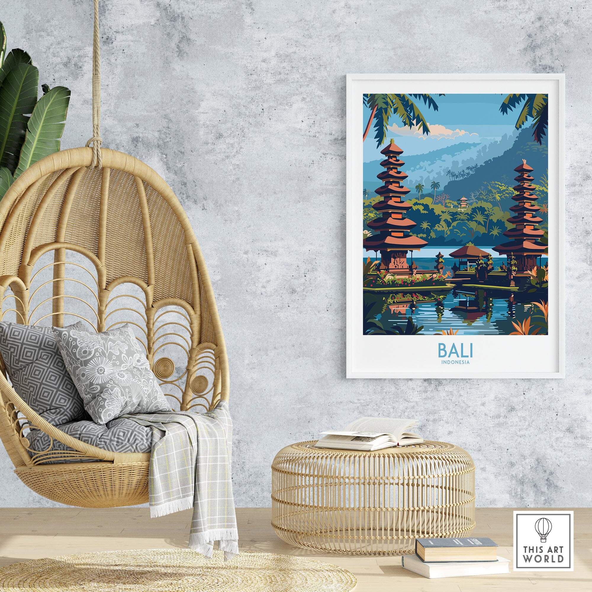Bali Travel Print Indonesia - Modern showcasing the vibrant scenery of Bali with traditional architecture and lush landscapes.