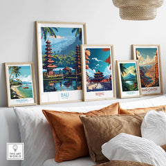 Bali Travel Print Indonesia - Modern artwork displayed with travel prints of Philippines, Beijing, Costa Rica, and Grand Canyon.