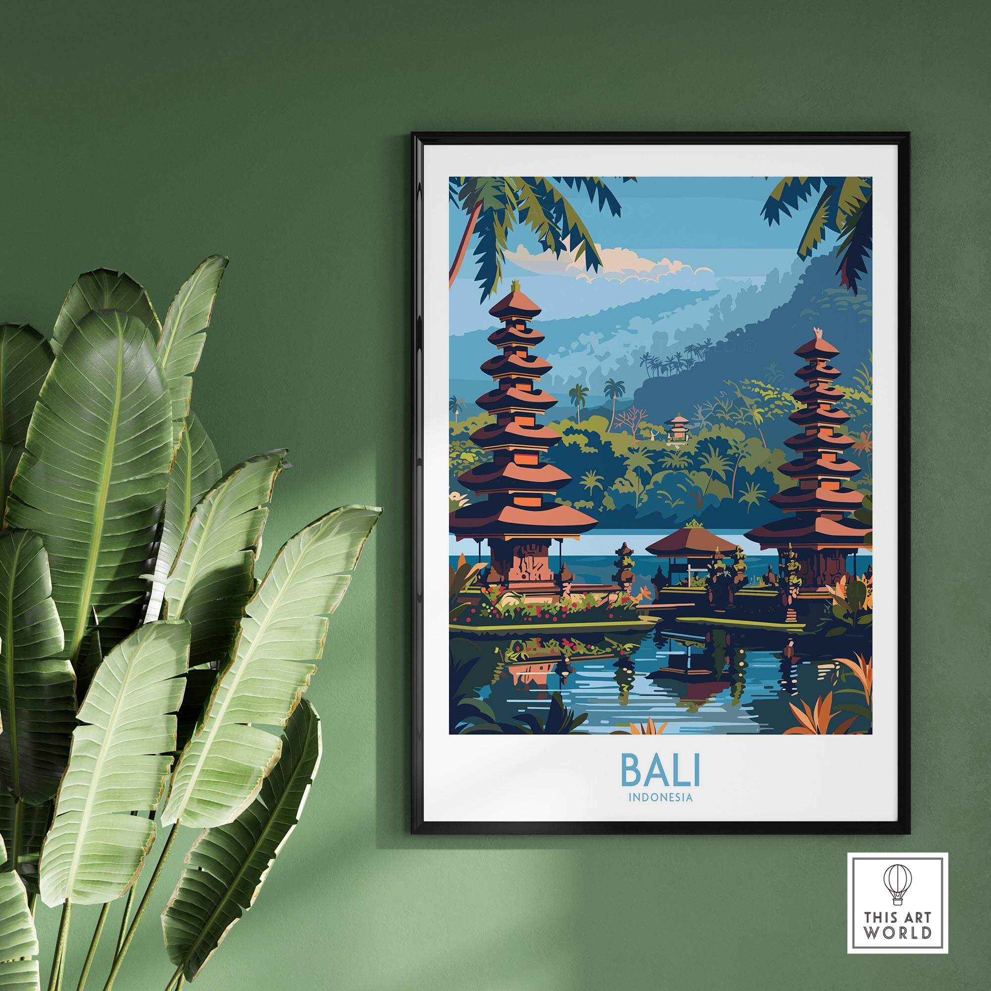 Bali Travel Print Indonesia - Modern showcasing the iconic temples and lush landscapes of Bali, Indonesia.