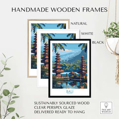 Bali Travel Print Indonesia - Modern displayed in handmade wooden frames in natural, white, and black finishes.
