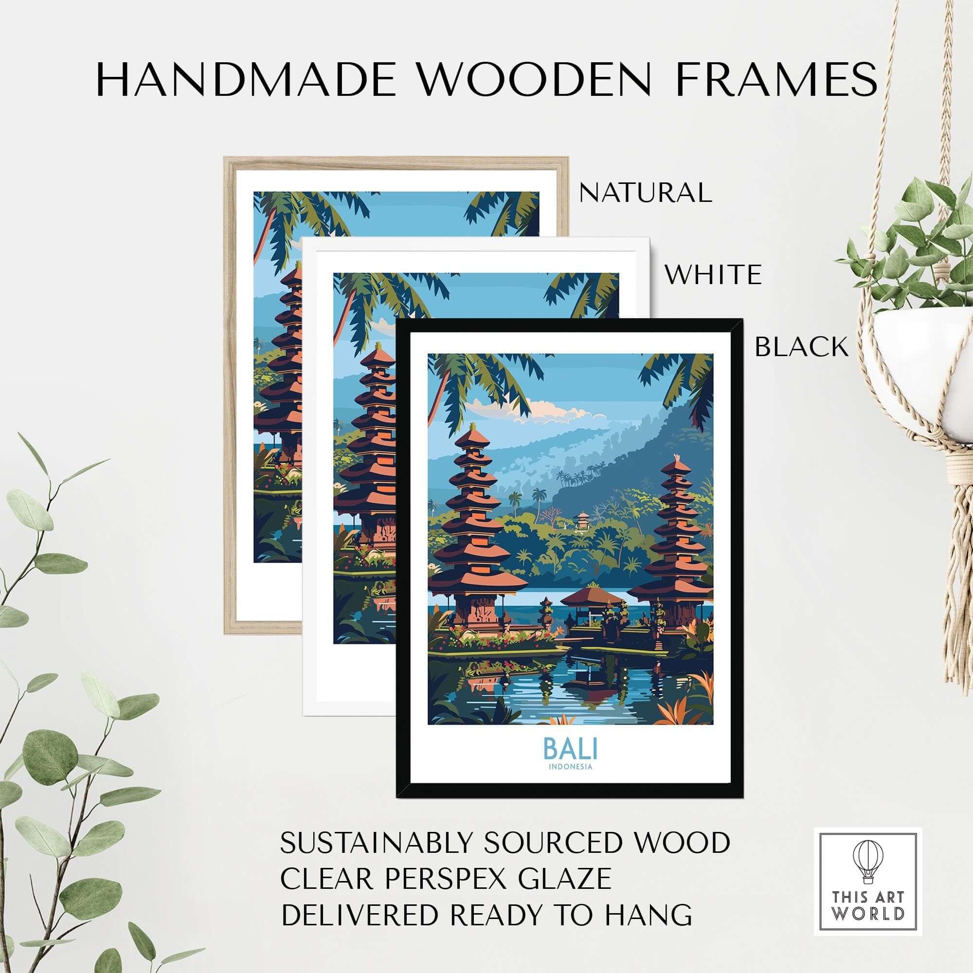 Bali Travel Print Indonesia - Modern displayed in handmade wooden frames in natural, white, and black finishes.