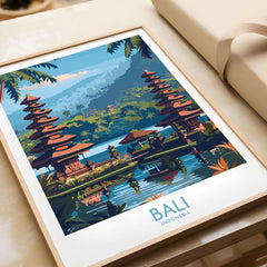 Bali Travel Print Indonesia - Modern featuring a vibrant depiction of Balinese scenery with temples and lush landscapes.