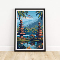 Bali Travel Print - Indonesia vibrant poster of Bali's temples and landscapes in colorful art style