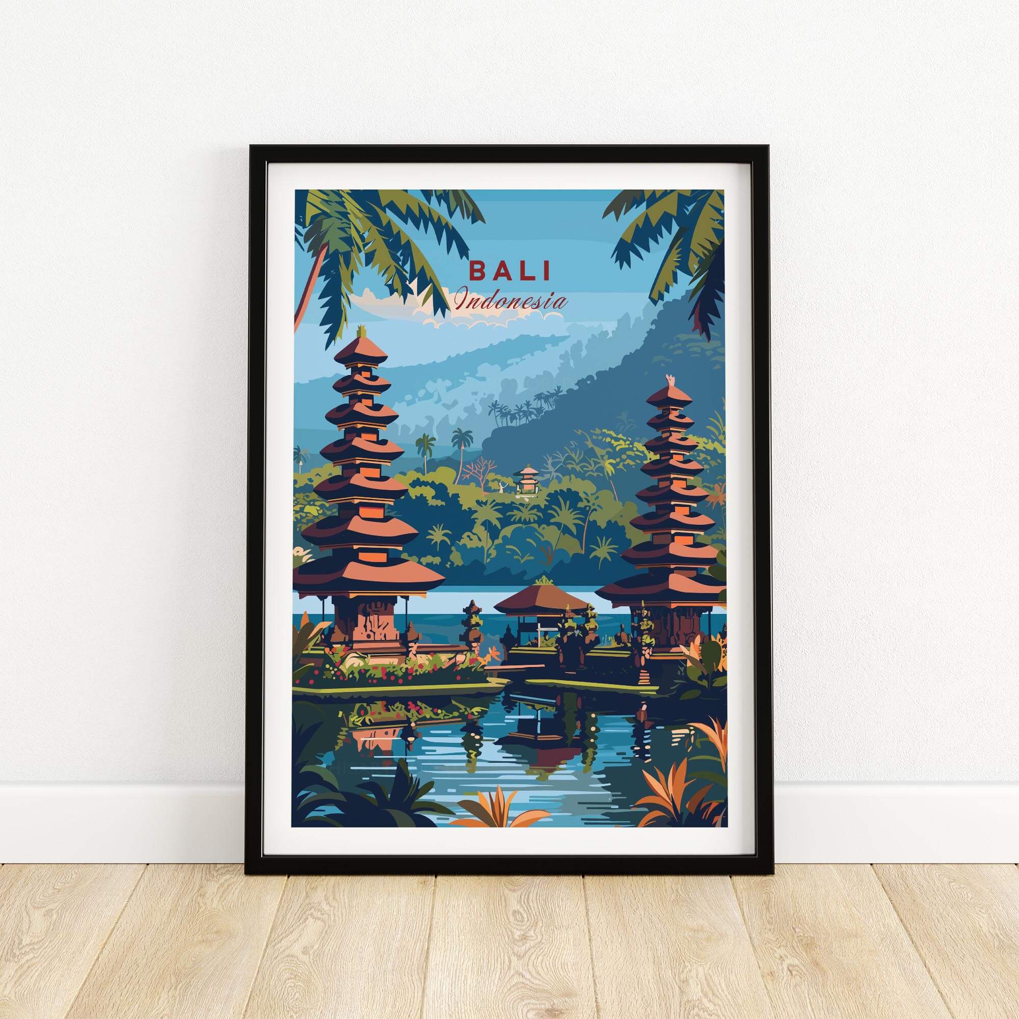 Bali Travel Print - Indonesia vibrant poster of Bali's temples and landscapes in colorful art style