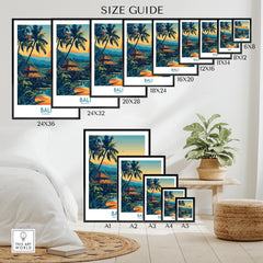 Bali Travel Print - Modern size guide with various frame dimensions displayed, featuring vibrant tropical design.