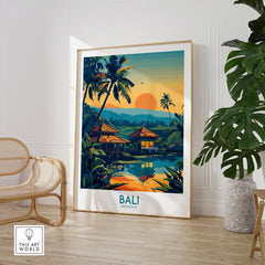 Bali Travel Print - Modern showcasing vibrant Bali artwork with tropical scenery and sunset colors.