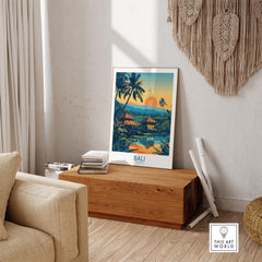 Bali Travel Print - Modern showcasing vibrant colors and tropical scenery in a stylish interior setting.