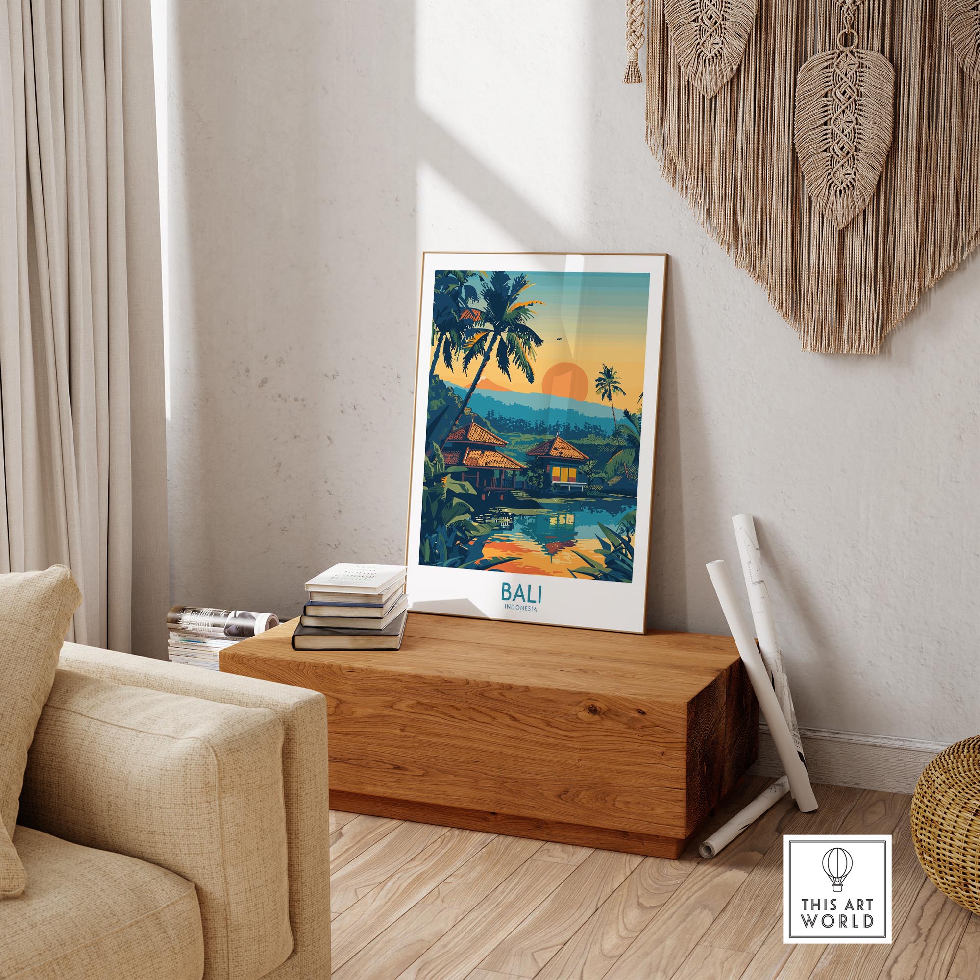 Bali Travel Print - Modern showcasing vibrant colors and tropical scenery in a stylish interior setting.