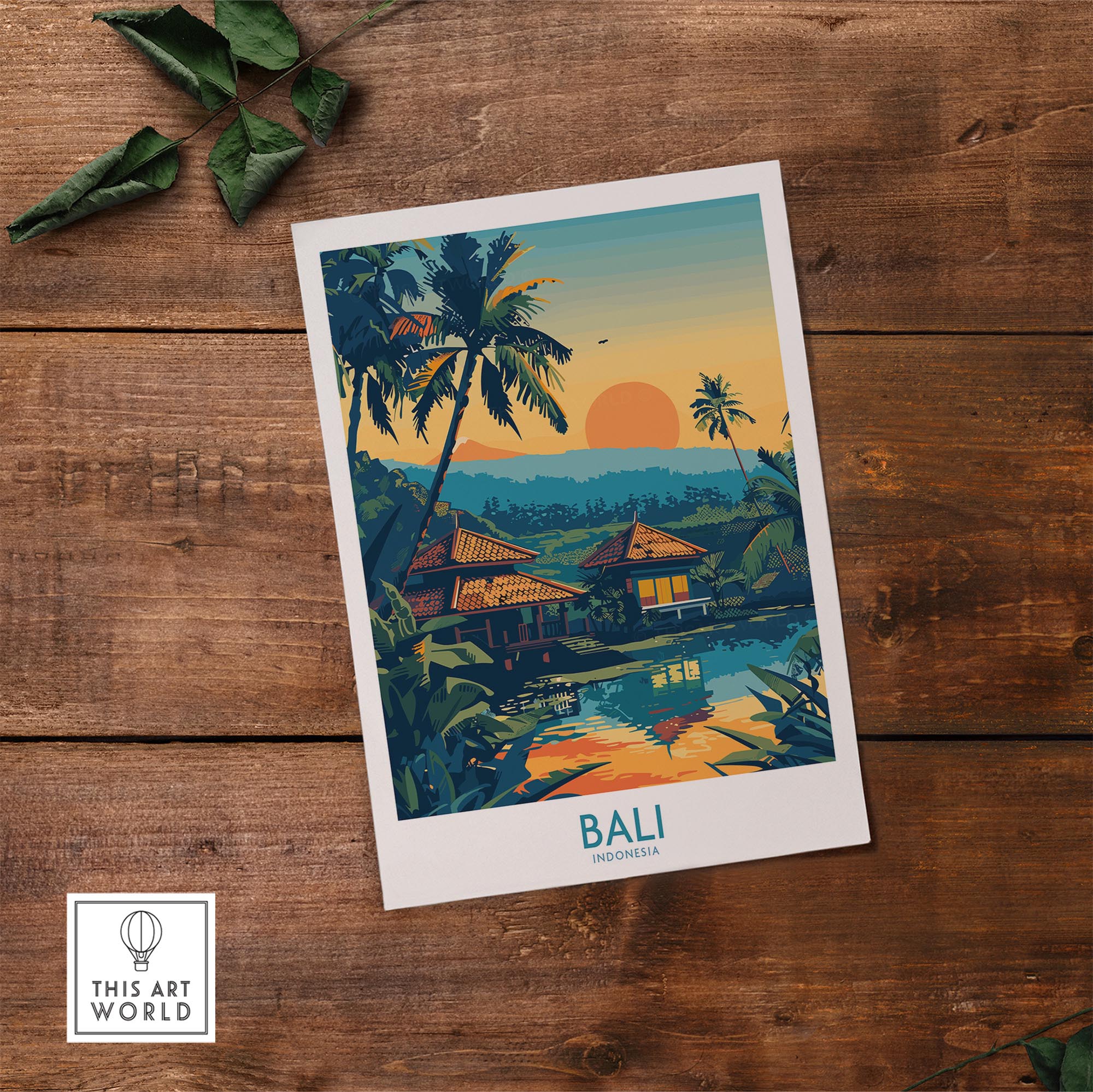Bali Travel Print - Modern showcasing vibrant Bali scenery with palm trees and sunset reflections.