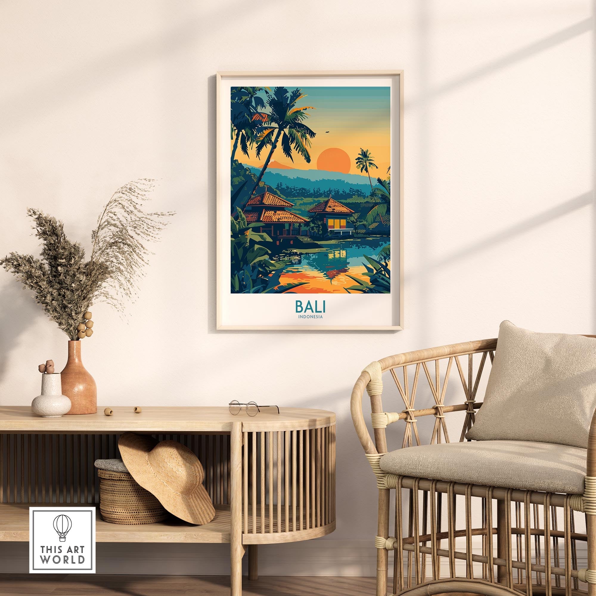 Bali Travel Print - Modern showcasing a vibrant sunset and tropical landscape in a stylish living room setting.