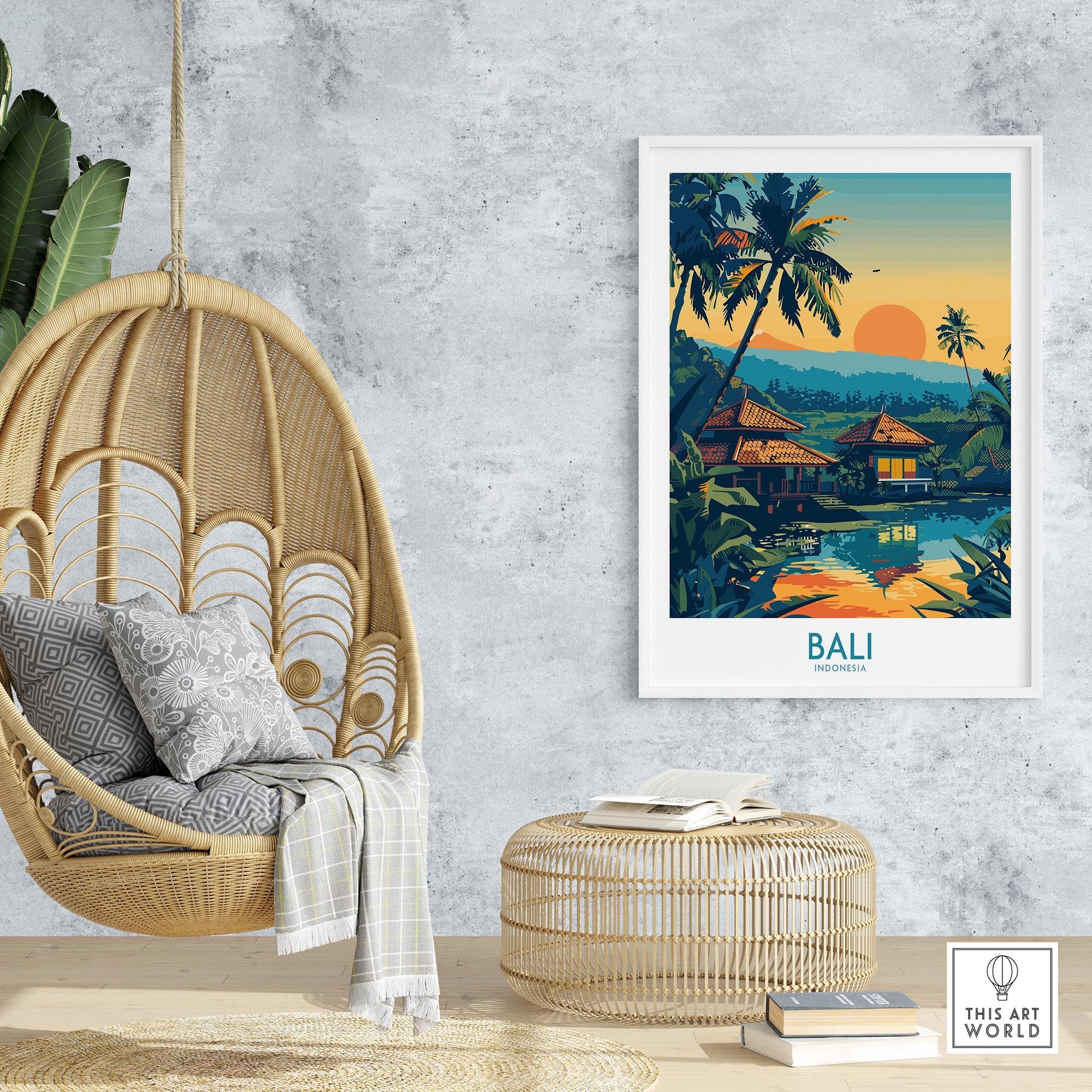 Bali Travel Print - Modern featuring a vibrant sunset and palm trees, capturing the essence of Bali's beauty.