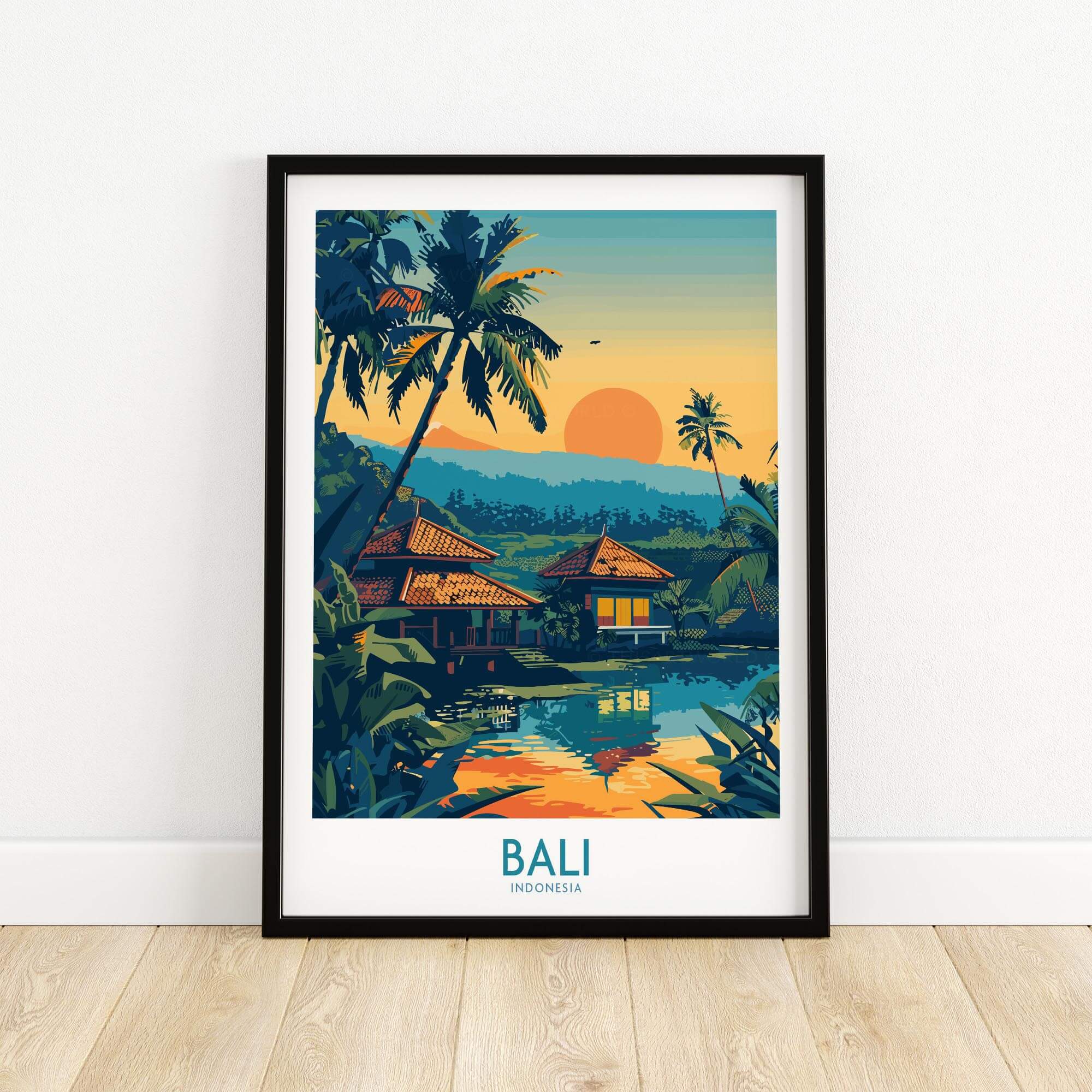 Bali Travel Print - Modern framed print showcasing tropical scenery with sunset and traditional Balinese architecture.