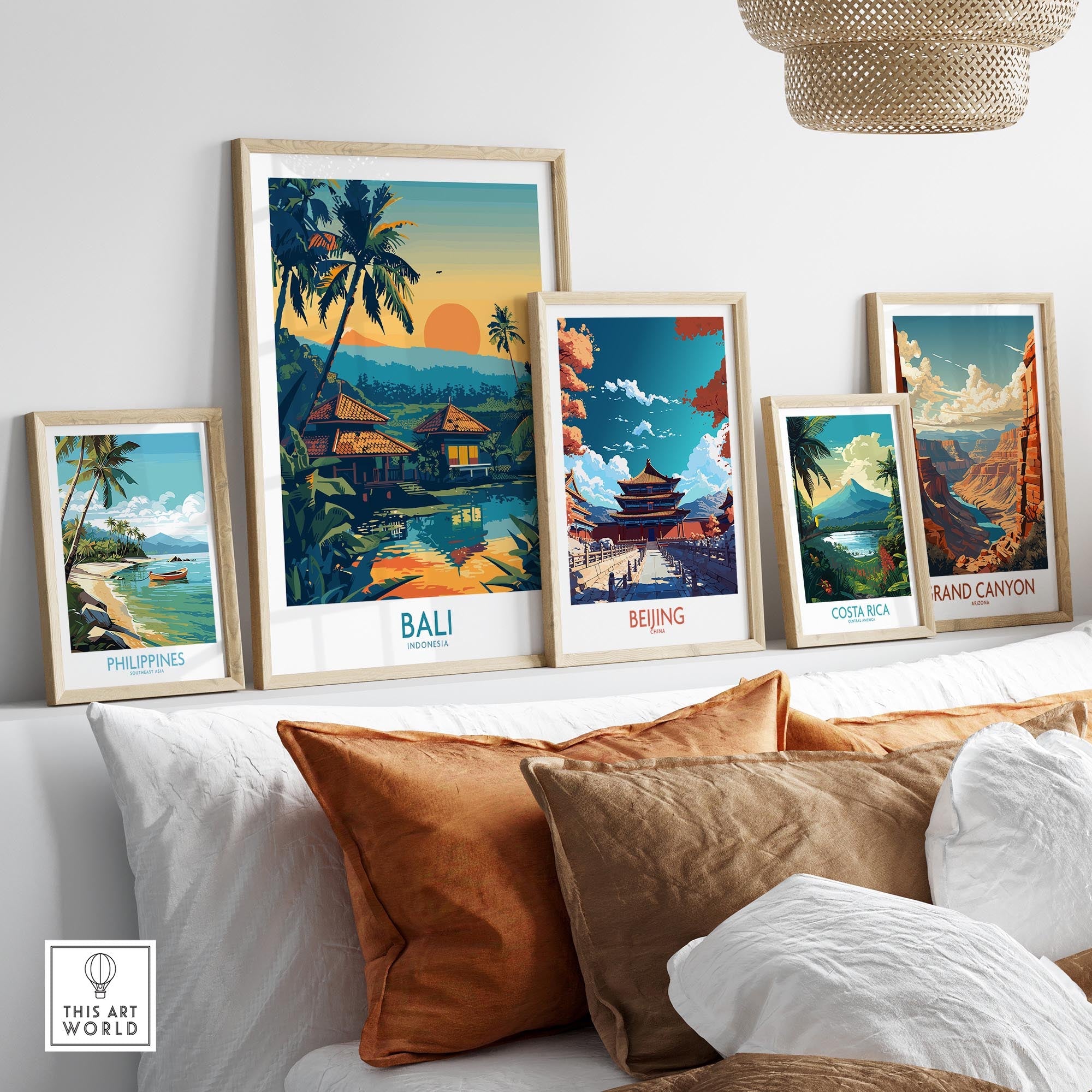 Bali Travel Print - Modern framed among other travel prints in a stylish home decor setting.