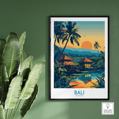 Bali Travel Print - Modern showcasing vibrant Bali landscape with sunset and tropical elements.