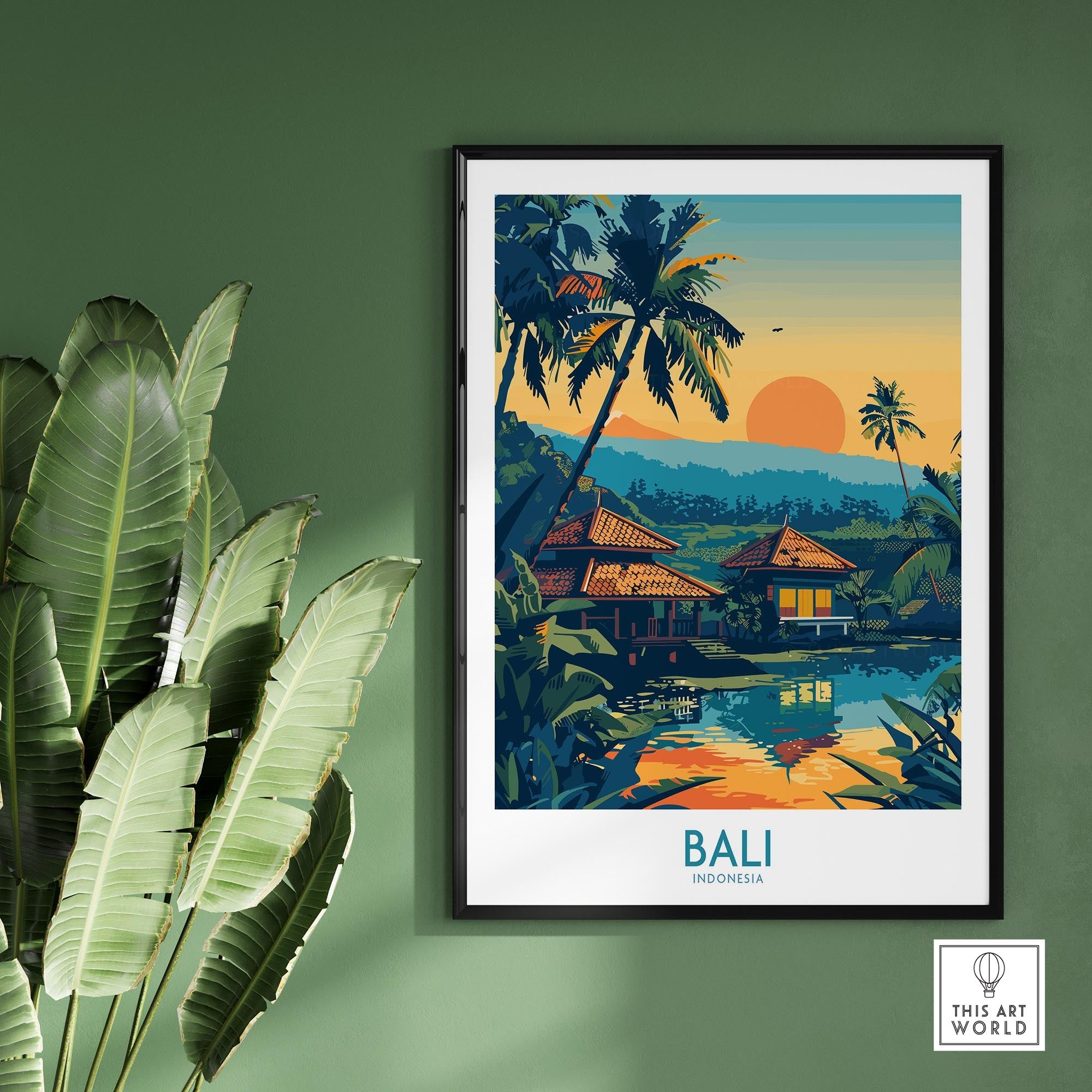 Bali Travel Print - Modern showcasing vibrant Bali landscape with sunset and tropical elements.