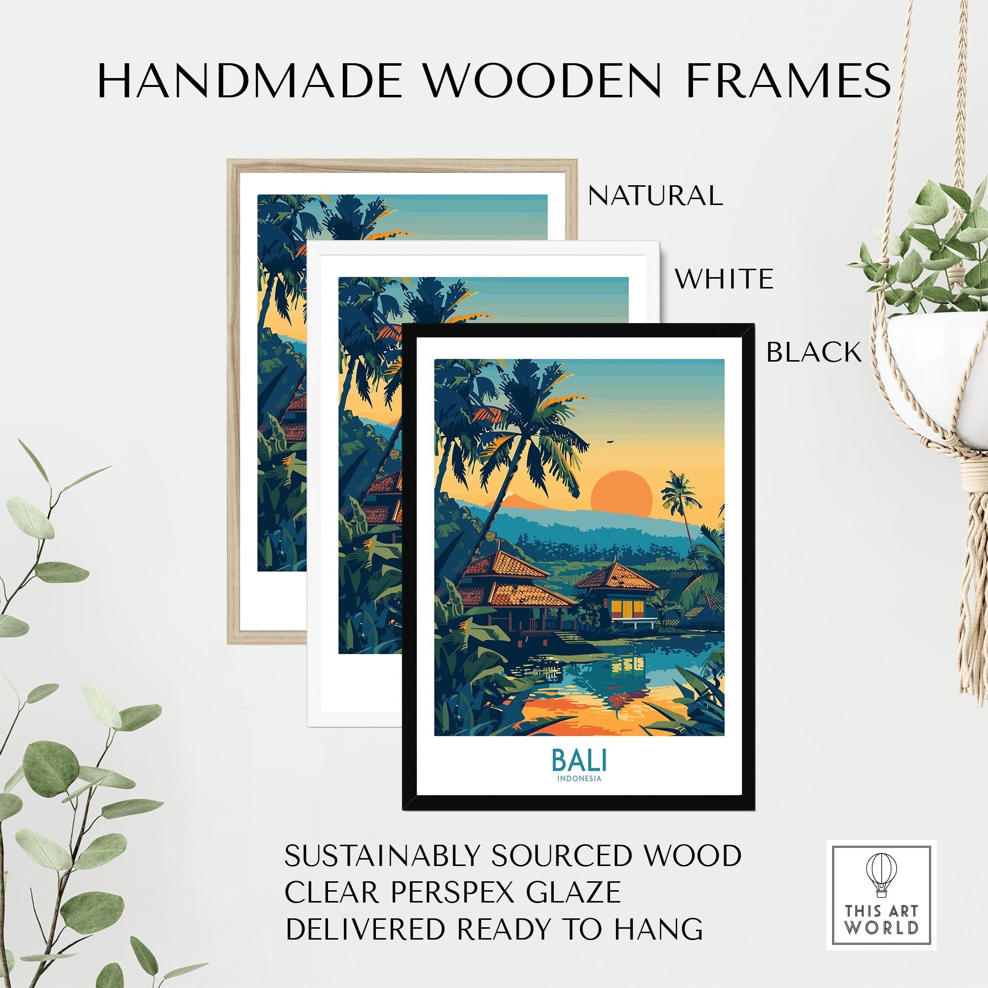 Bali Travel Print - Modern displayed in natural, white, and black handmade wooden frames.