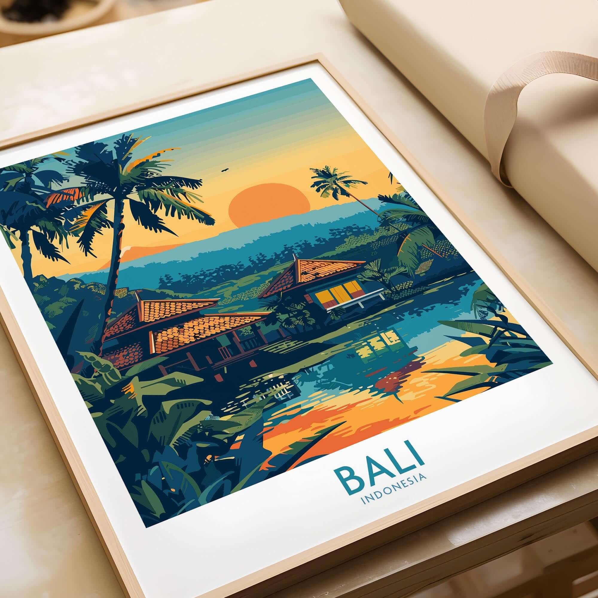 Bali Travel Print - Modern showcasing a vibrant Bali landscape with palm trees and sunset reflections.