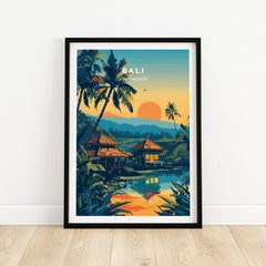 Bali Travel Print featuring vibrant sunset and tropical scenery in Indonesia, perfect for home decor.